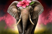  A Painting Of An Elephant With A Pink Flower On Its Head And Tusks On Its Tusks, With A Red Background Of Green Grass And Yellow And Pink, And Yellow.