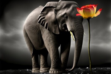 Canvas Print -  an elephant standing next to a yellow flower on a dark background with a dark sky in the background and clouds in the sky behind it, and a single red flower in the foreground. Generative AI