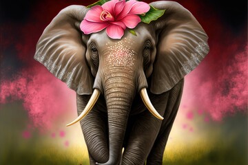  a painting of an elephant with a pink flower on its head and tusks on its tusks, with a red background of green grass and yellow and pink, and yellow. generative ai