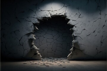 Wall Mural -  a hole in the wall with a light coming through it and broken pieces of the wall below it and a light coming through the hole in the middle of the wal Generative AI