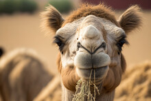 Camel Munching Hay While Lowering His Lip. Generative AI
