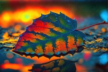  A Colorful Leaf Laying On Top Of A Puddle Of Water Next To A Red And Green Leaf With Drops Of Water On The Leaves And A Red And Orange Background Of The Leaves With A. Generative AI