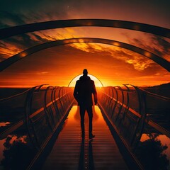 Wall Mural -  a man is walking down a walkway towards the sun in the sky with a reflection on the water and a bridge in the foreground with a man in the middle of the image,. Generative AI