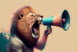 Illustration eines Löwen der in ein Megaphon brüllt als Ankündigung