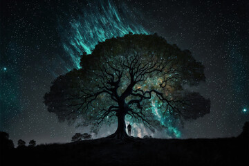 Wall Mural - silhouette of olive tree against night sky with milky way galaxy. designed using generative ai.
