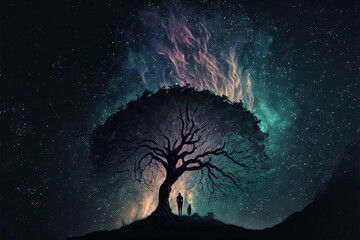 Wall Mural - silhouette of olive tree against night sky with milky way galaxy. designed using generative ai.