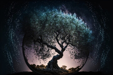 Wall Mural - silhouette of olive tree against night sky with milky way galaxy. designed using generative ai.