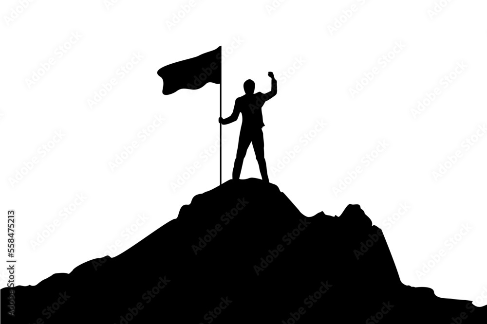 Businessman with flag on mountain top concept for success. White ...