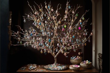 Poster -  a tree with a bunch of eggs on it and a bowl of candy on a table next to it and a bowl of candy on the table next to the tree with eggs on it. Generative AI