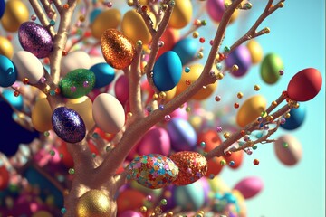  a tree filled with lots of colorful eggs and sprinkles on it's branches and a blue sky in the background with clouds and a few clouds in the sky behind it. Generative AI