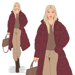 Wall Mural - Vector fashion illustration of a beautiful, young, blond, smiling woman in a winter outfit.
A fashion model walking in a stylish down jacket, isolated on white background.