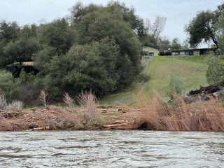 2022 New Year's Eve Flooding on the South Fork American River California, Shoreline aftermath near Lotus California