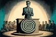 Politician on the podium with a hypnotic coil in hand, concept of propaganda and lying politicians, created with Generative AI technology