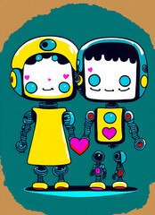 Wall Mural - little robot boy and girl.love between androids