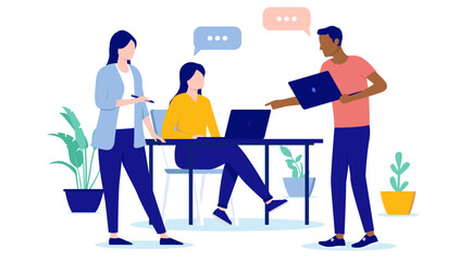 Poster - Office talk and dialogue - Team of working people discussing and having conversation with computers and speech bubbles. Flat design vector illustration with white background