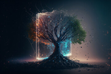 Digital growth and sustainability concept with tree and computer circuits. Designed using generative ai. 