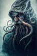 Closeup portait of a ghost pirate with kraken tentacles. Designed using generative ai. 