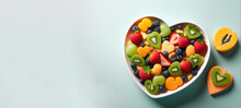 Bowl Of Fresh And Colorful Heart-shaped Fruit Salad,Valentines Day ,copyspace Text,generative Ai Background With Print Space Text