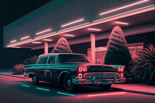 Car Parked In Front Of A Building, Cyberpunk, Retrofuturism, Retrowave, Synthwave