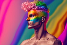Man With Rainbow Colored Face And Hair. LGBTQ. Generative AI