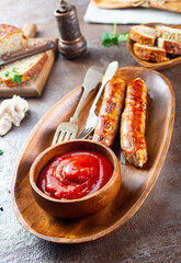 Sticker - Sausages fried with spices and herbs, Selective focus