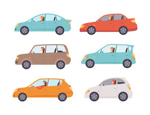 People Driving Cars Set. Side View Of Driver's Sitting In Sedan Car Flat Vector Illustration