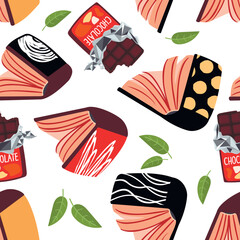 Wall Mural - books and bar of chocolate seamless pattern.cartoon objects are located randomly on white background