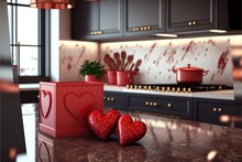 Red Box Of Valentines Day Chocolates In A Spacious Interior Kitchen, Valentines Day ,copyspace Text,generative Ai Background With Print Space Text