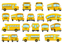 Set Of Yellow School Buses. School Transport Viewed From Different Angles Cartoon Vector