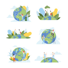 Sticker - People cleaning Earth planet set. Nature and ecology protection. Earth day concept cartoon vector illustration