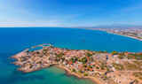 Fototapeta Kawa jest smaczna - Aerial top view ancient Side town, Antalya Province, Turkey drone photo