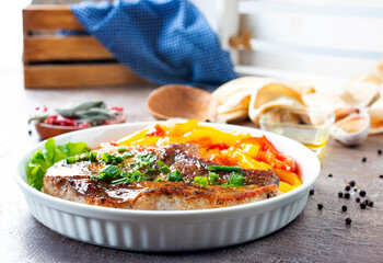 Canvas Print - Grilled beef steak with rosemary in white plate