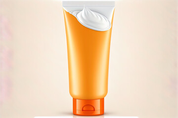 Wall Mural - realistic cosmetic tube of an orange lotion or cream Model for a cosmetic care item. with a lid or white top. On a white backdrop, alone. route of clipping. Generative AI