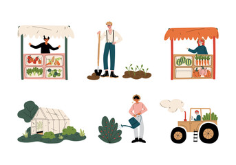 Sticker - Farmers working on farm field and selling eco natural fruit and vegerables set cartoon vector illustration