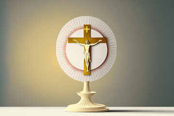 Wall Mural - Eucharistic crucifix illustration with a beige backdrop and a white table. Generative AI