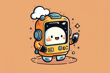 Canvas Print - Cartoon Icon Illustration Science Technology Icon Concept of a cute astronaut holding a phone in space. Cartoonish flatness. Generative AI