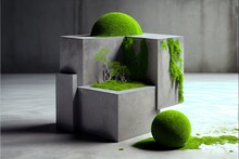 Through Gray Concrete Sprouts Green Moss. AI Generated Art Illustration.	
