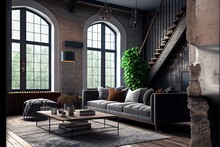 Living Room Interior In Loft Industrial Style. AI Generated Art Illustration.	
