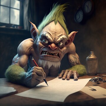 Patent troll writing angry letter on a paper,  concept of patent trolls, created with Generative AI technology