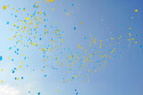 Fototapeta Tulipany - blue and yellow balloons in the blue sky
