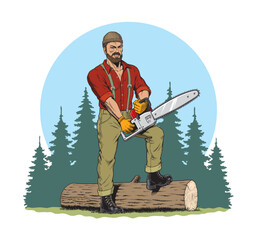 Sticker - Lumberjack with chainsaw and downed log, forest background. Vector illustration.