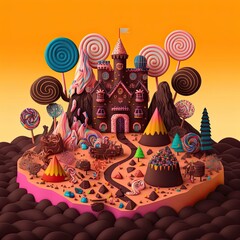 Chocolate castle candy landscape with many lolly sweets of all kinds, cute colorful