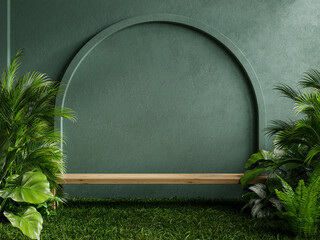 Wall Mural - Wooden shelf in tropical forest for product presentation and dark green background.