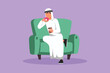 Graphic flat design drawing Arabian man sitting on couch, eating donut and drinking coffee. Hungry male holding paper cup with hot drink and sweet dessert. Fast food. Cartoon style vector illustration