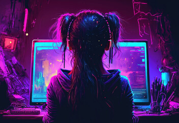 girl sitting at the computer. sketch art for artist creativity and inspiration. generative AI	