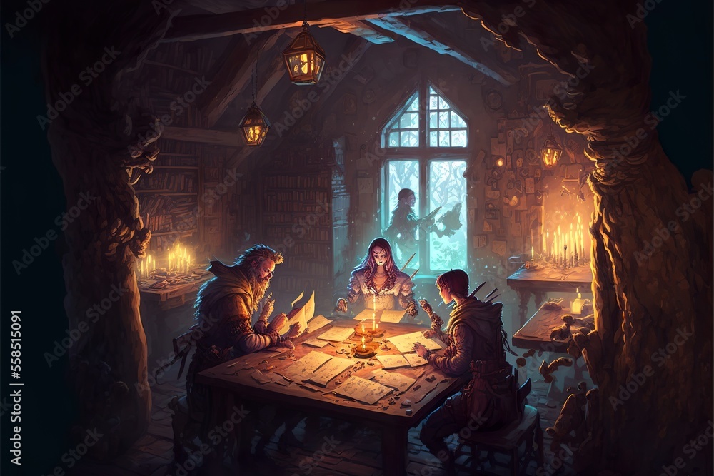 Roleplaying scenery in fantasy dungeon interior with characters playing tabletop rpg games