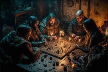 Roleplaying Scenery In Fantasy Dungeon Interior With Characters Playing Tabletop Rpg Games