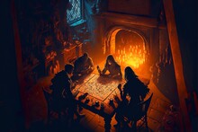 Roleplaying Scenery In Fantasy Dungeon Interior With Characters Playing Tabletop Rpg Games With Fireplace
