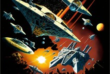Retro Sci-fi Space Fleet Battle Next To A Solar System Vintage Fantastic Magazine Cover