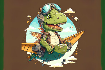 Poster - cartoon t shirt illustration of a dinosaur pilot. Generative AI